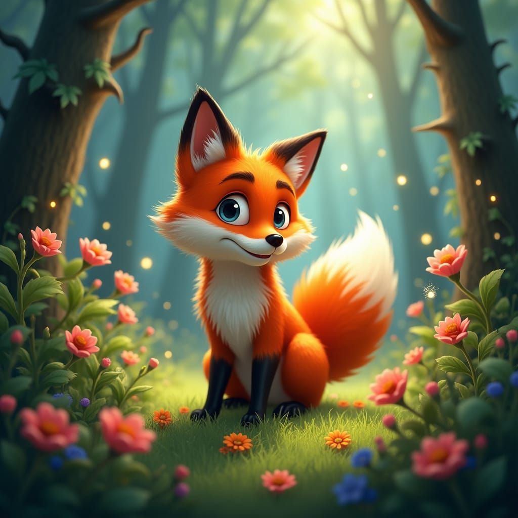 Cartoon Fox in Enchanted Forest, Matte Painting