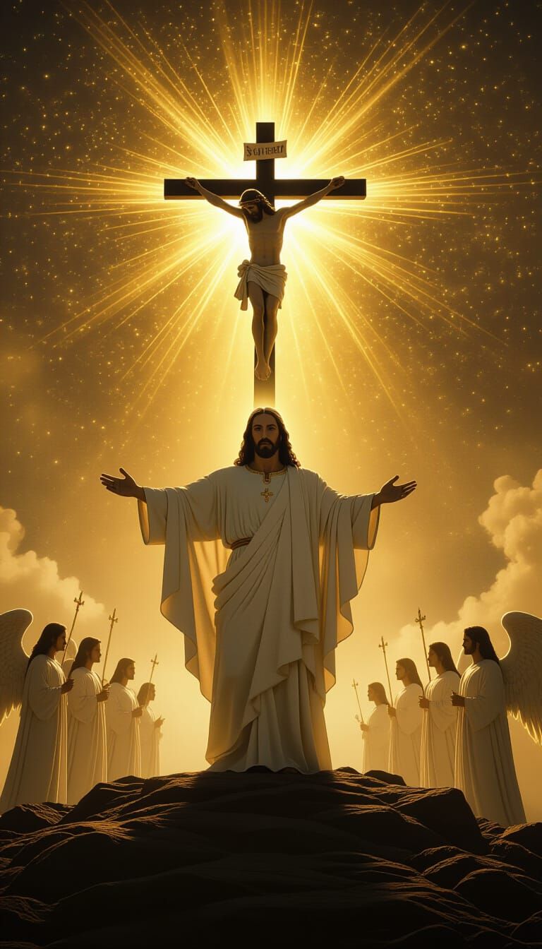 Jesus Triumphant on Hill with Angels and Golden Light