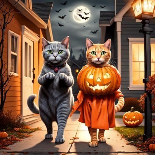 Cats Trick or Treating in Spooky Neighborhood