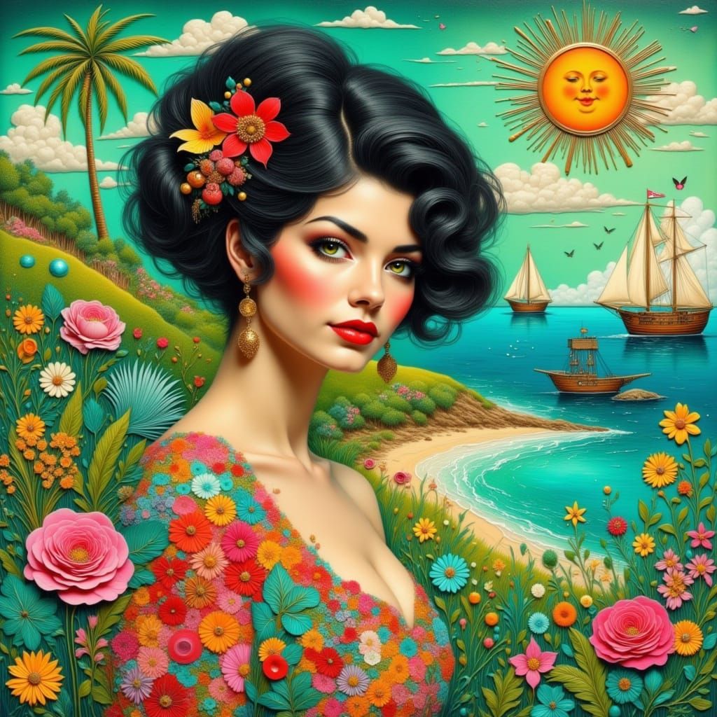 Vibrant Tropical Collage with Raven-Haired Woman