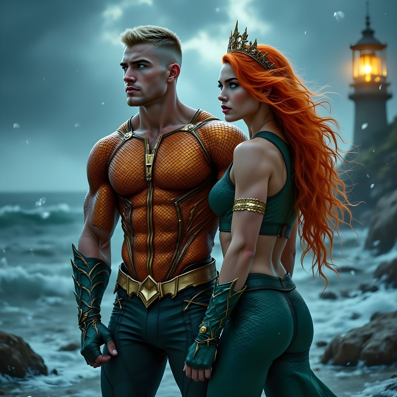 Aquaman, Mera, and Lighthouse in 3D Anime Art