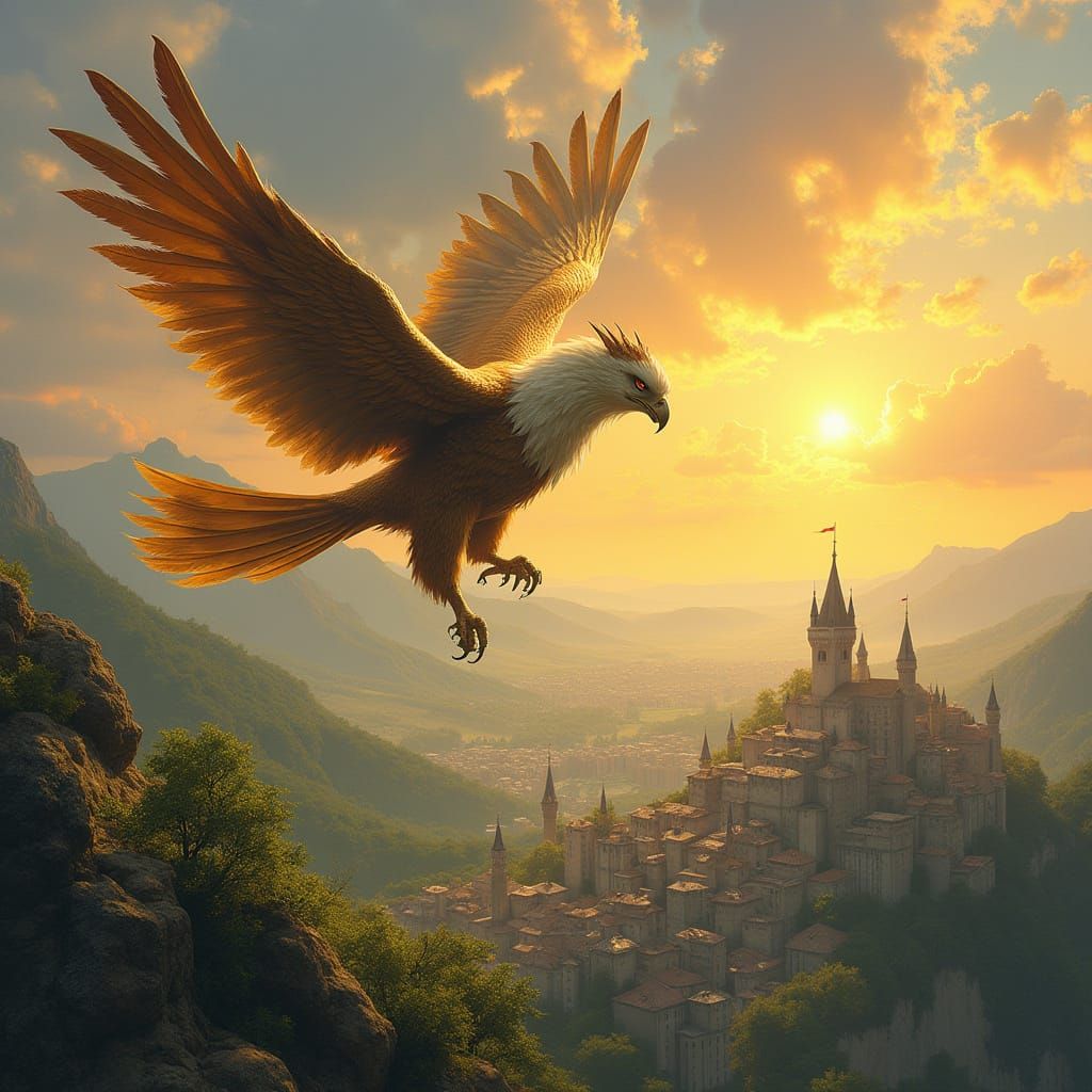 Griffin Soaring Over Medieval City as Oil Painting