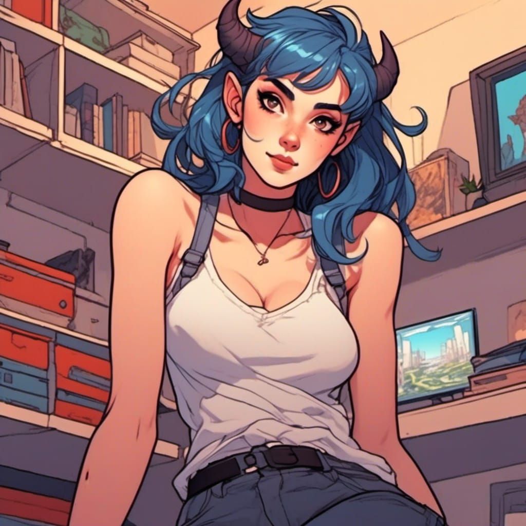 Comic Book Portrait of Horned Demon Girl in Apartment