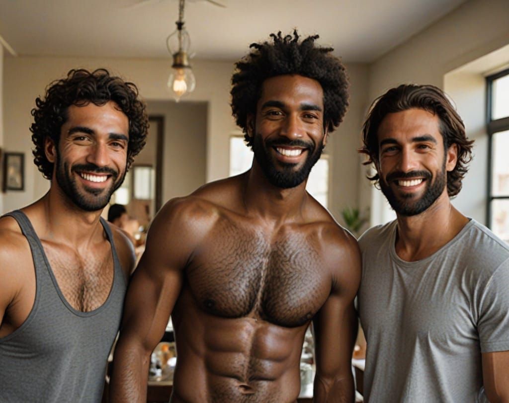 Three Friends Relaxing Shirtless in Cozy Living Room