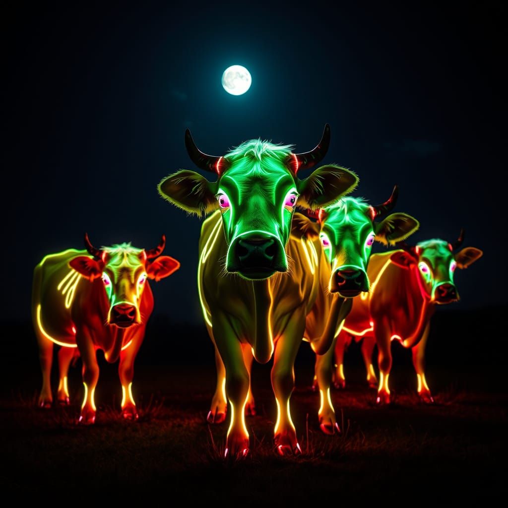 Glowing Neon Horror Cows in the Moonlight