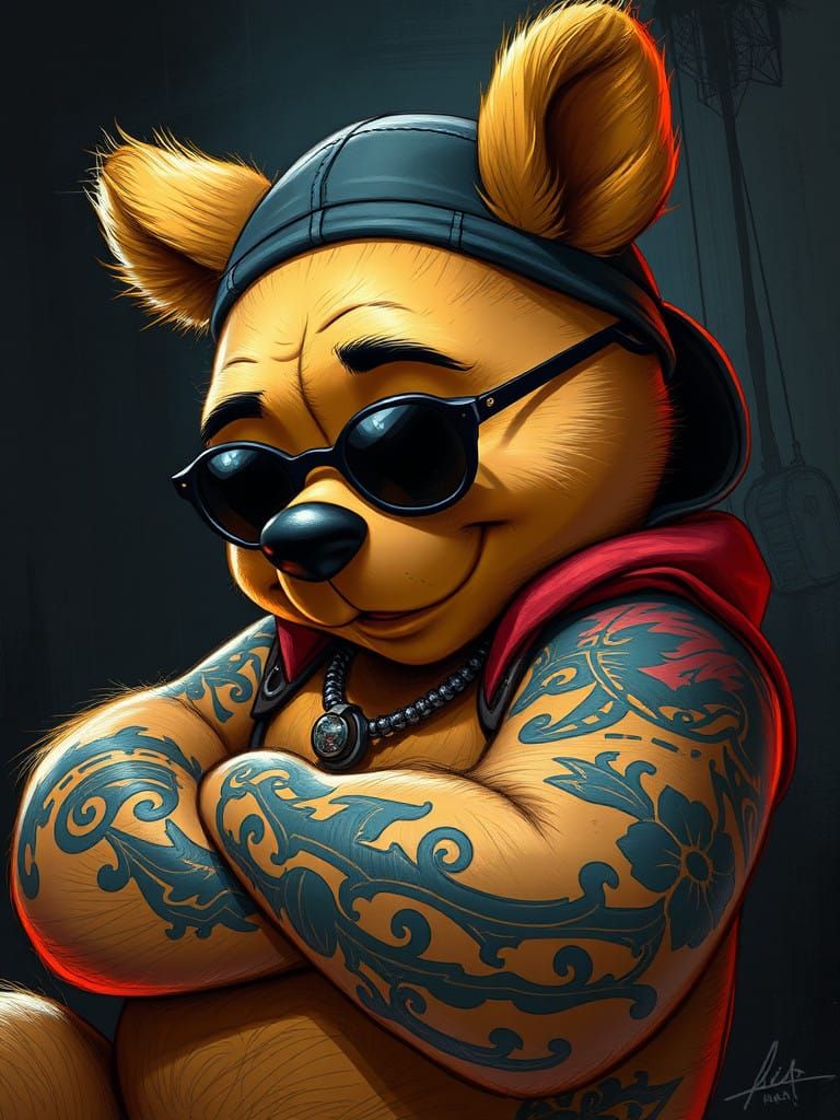 Winnie the Pooh in a Dark, Anime-Inspired Digital Art Style