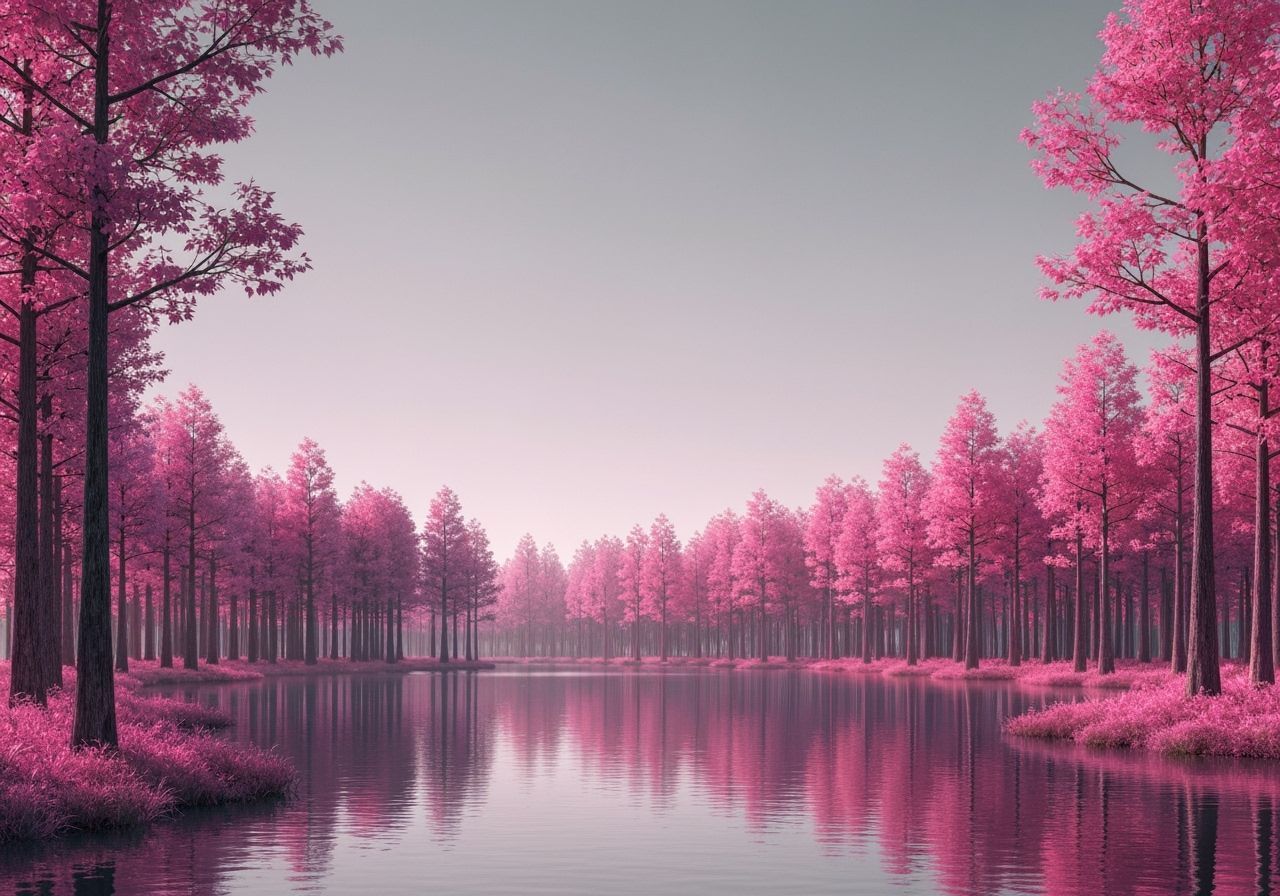 Dreamy Pink Forest Landscape With Tranquil Lake