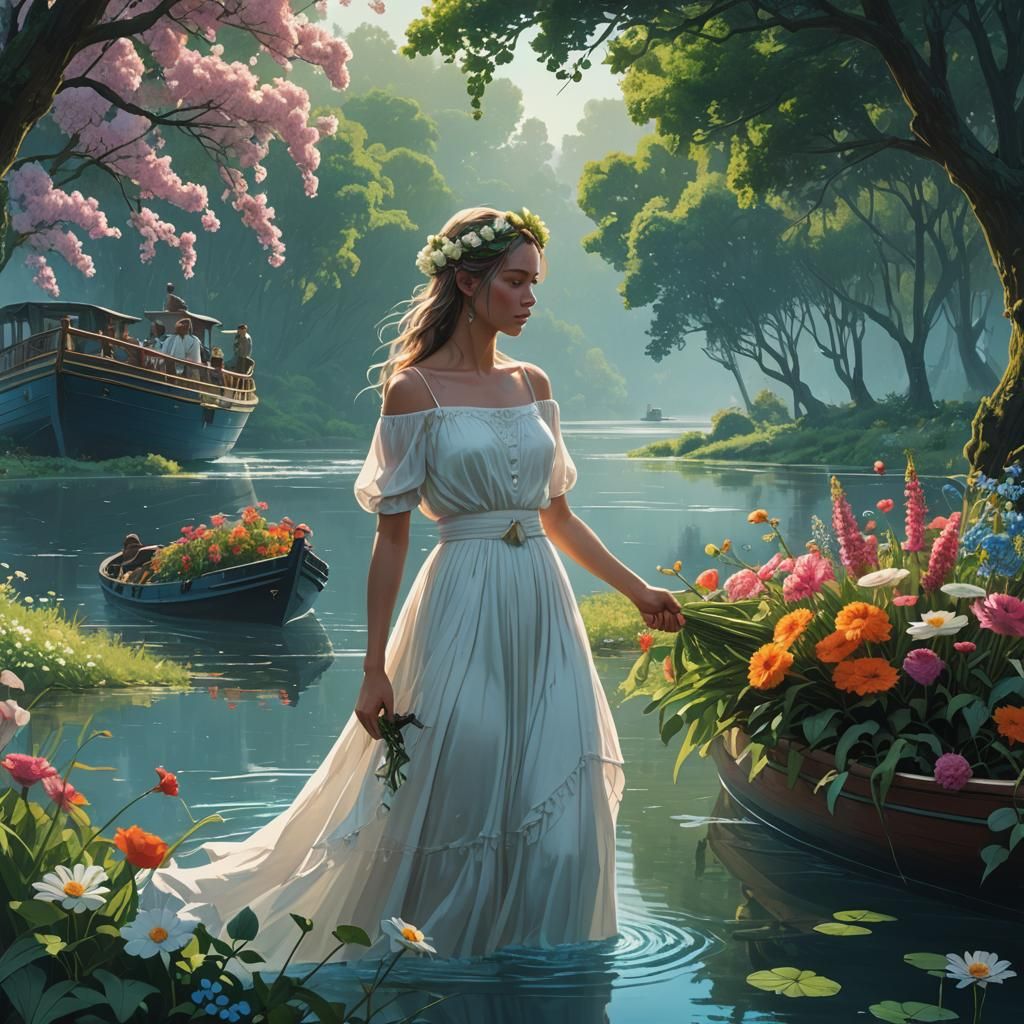 Girl Offers Flowers on River Boat: Fantasy Art