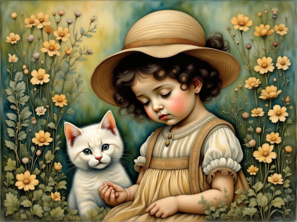 Whimsical Toddler and Feline Friends in a Vibrant Garden Sce...