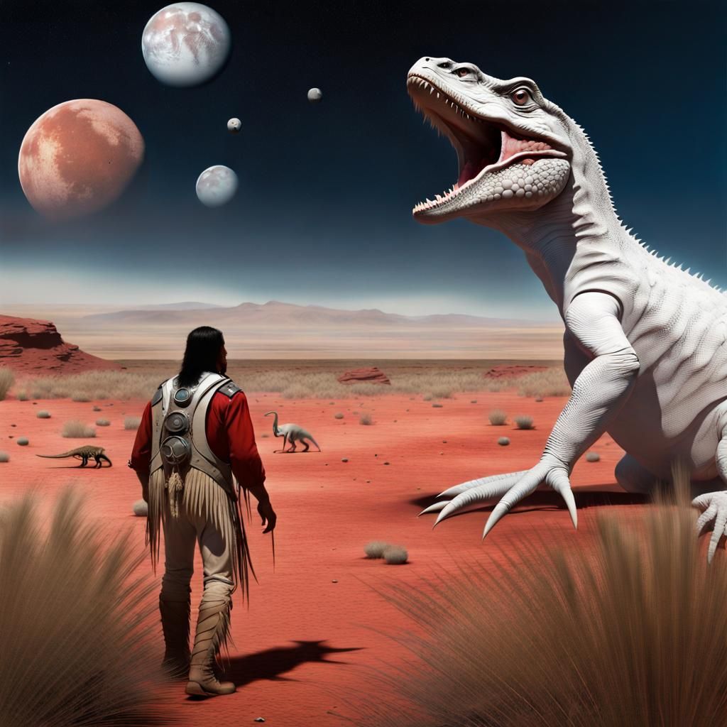 Native American Rides Lizard on Dinosaur Prairie