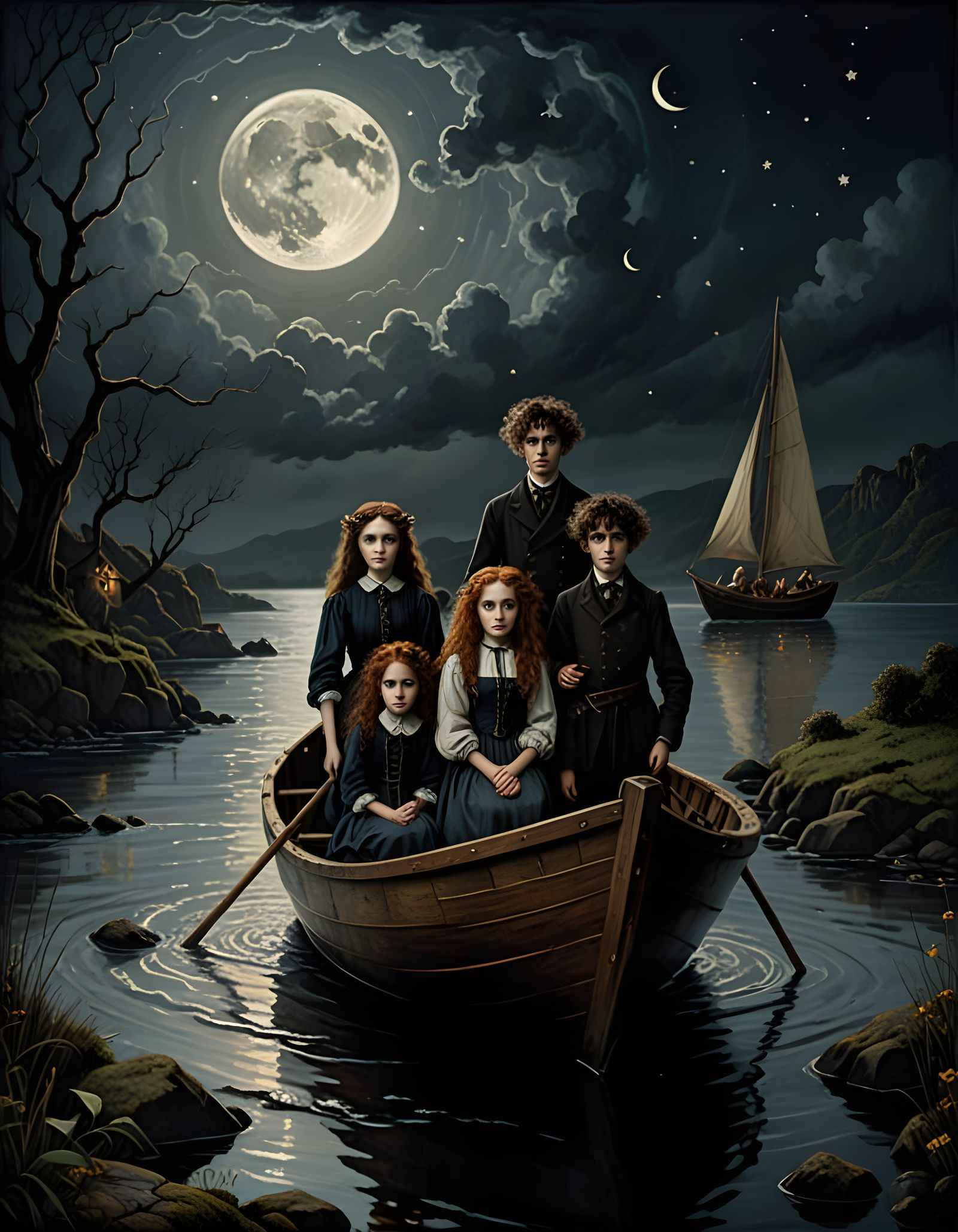 Victorian Children Sail a Boat Under a Crescent Moon