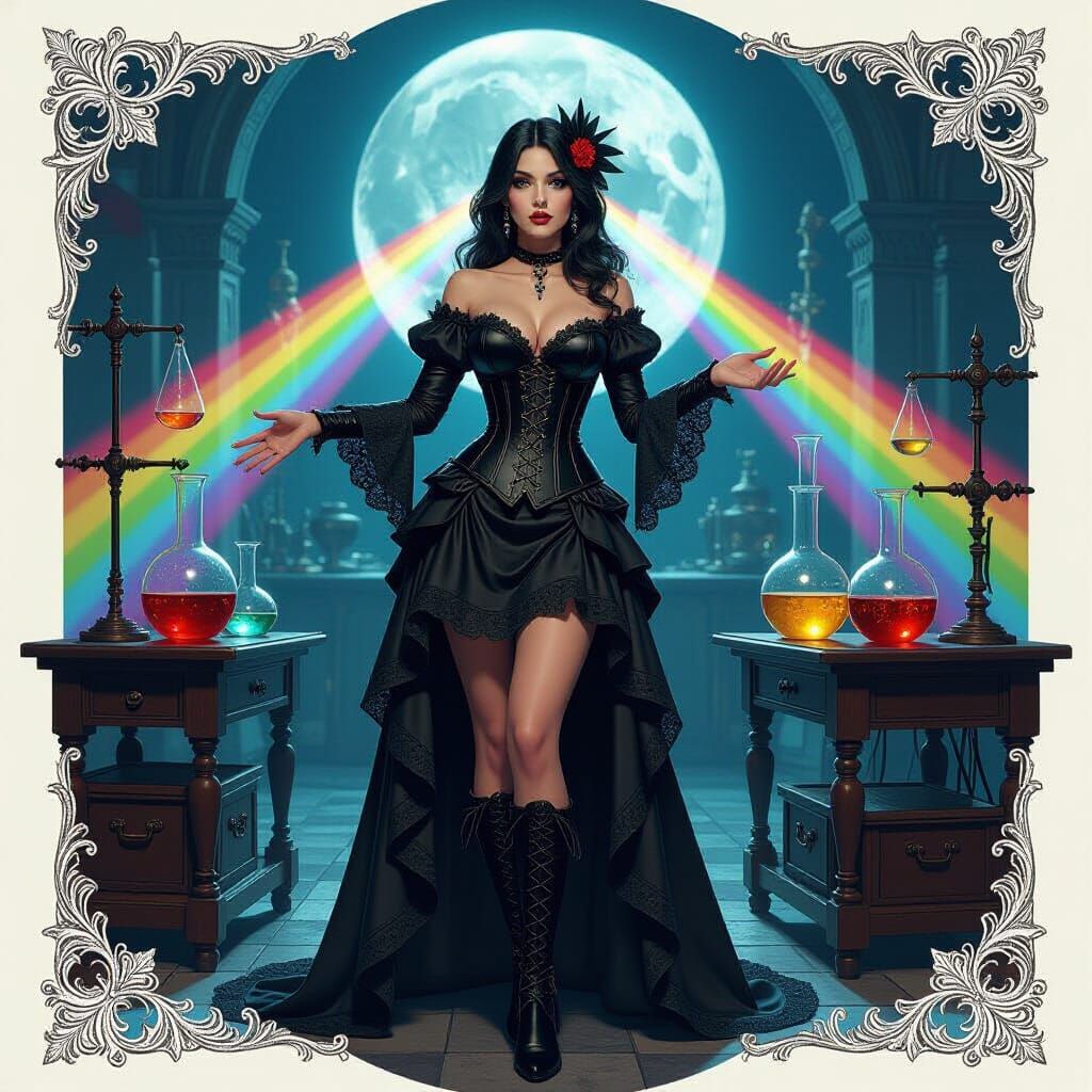 Gothic Fairy in Moonlit Laboratory, Art Nouveau Style