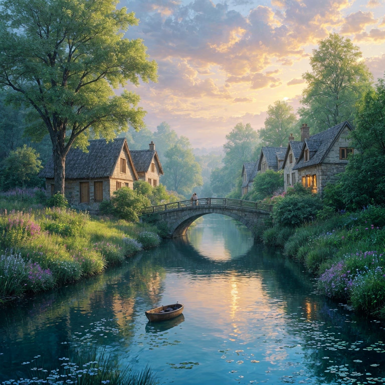 Impressionist River Scene at Sunrise in Monet Style