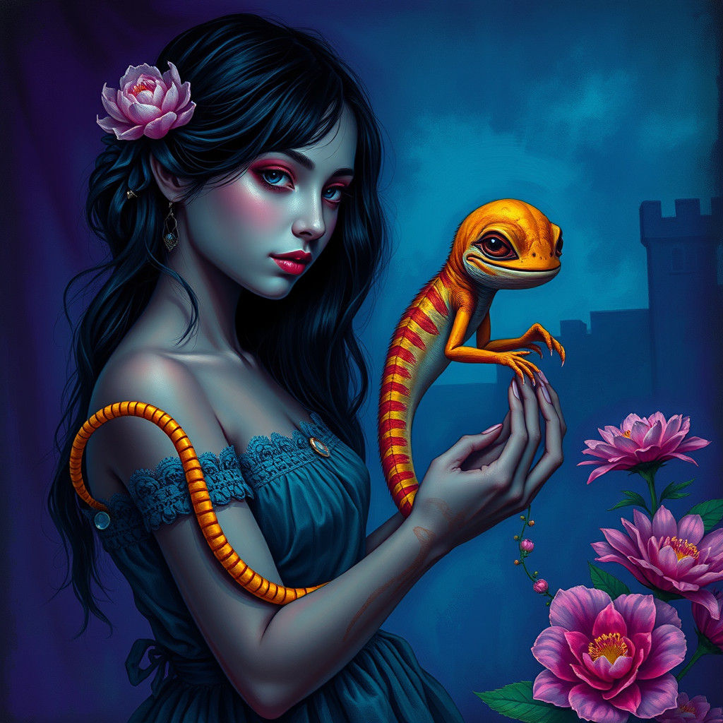 Woman with Reptilian Imp in Abstract Style