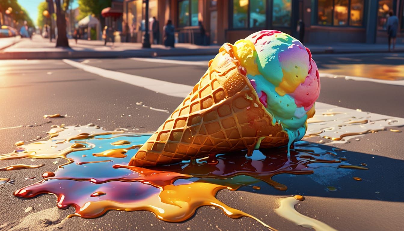 Melting Ice Cream Cone in Playful Oil Painting Style