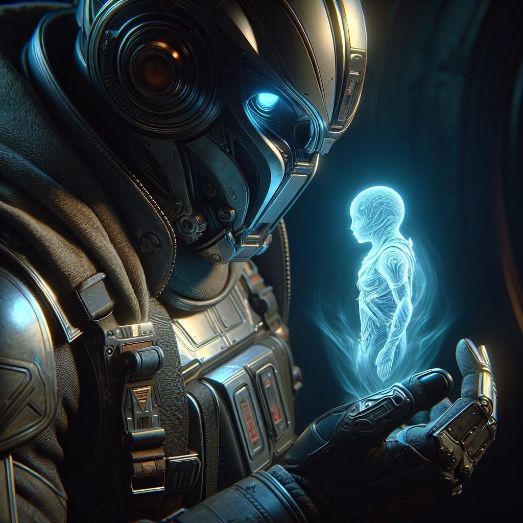 Bounty Hunter Gazes at Ethereal Hologram in Dark, Muted Digi...