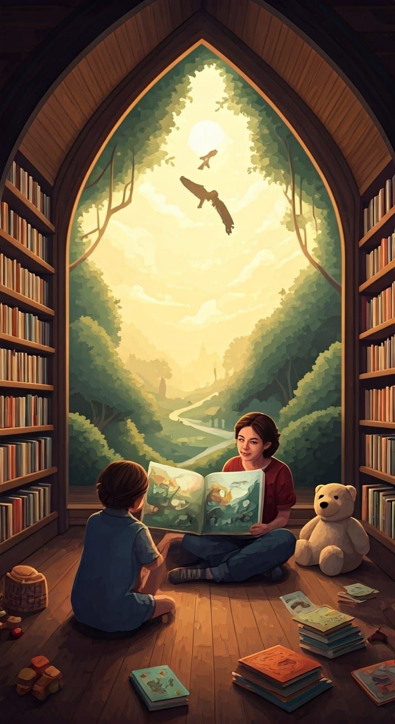Whimsical Children's Library Scene in Dreamy, Watercolor Sty...