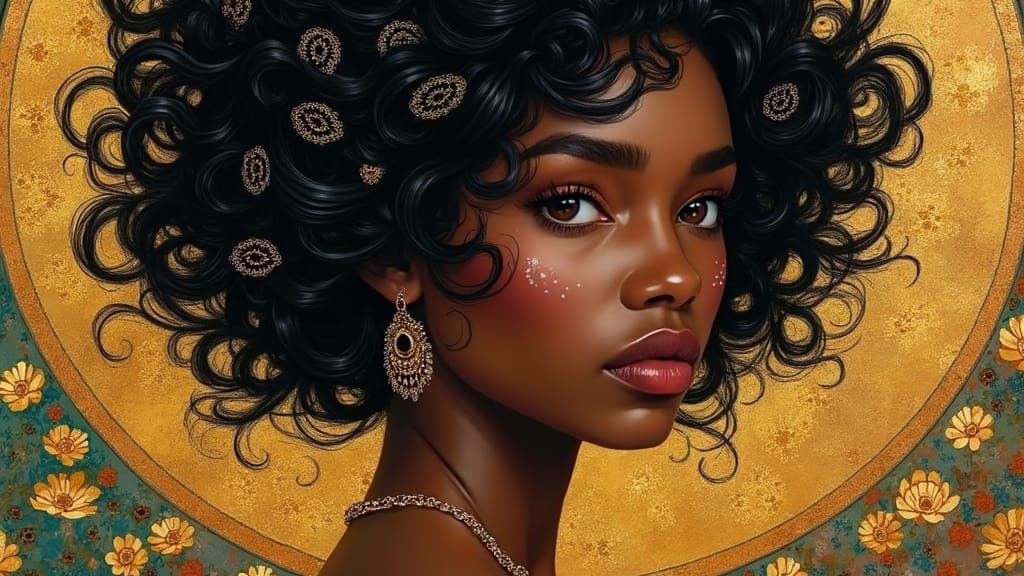 Regal Woman Portrait in Klimt-Inspired Surrealist Style