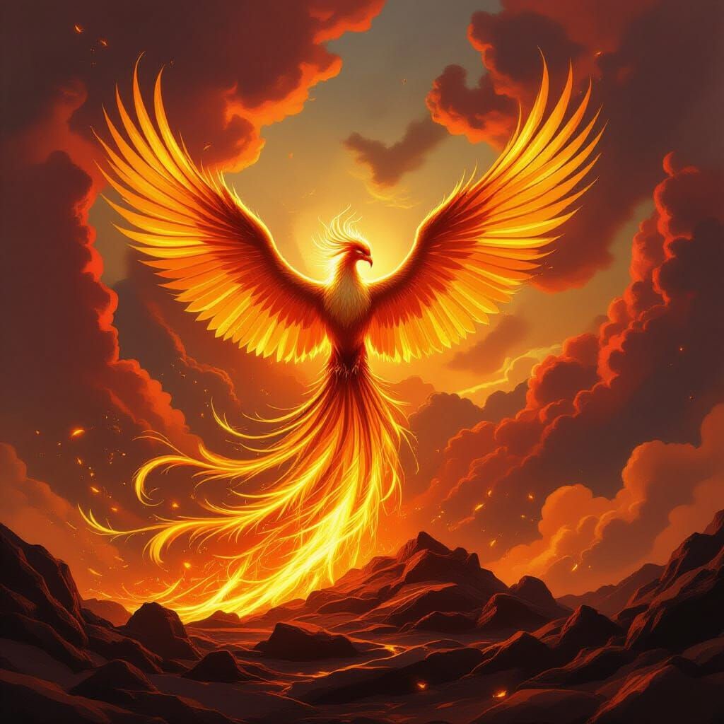 Majestic Phoenix Rising from Molten Gold in Fantasy Art Styl...