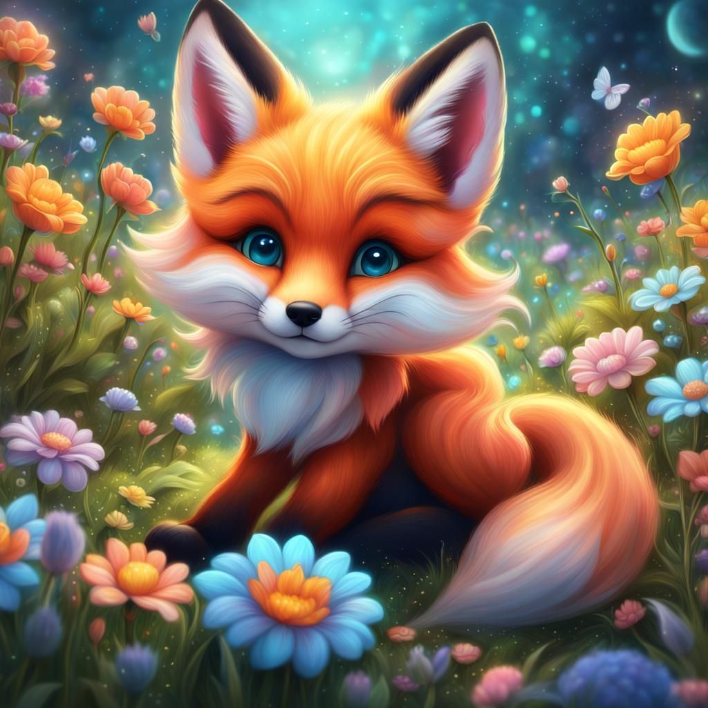Adorable Fairy Fox in Pastel Meadow, Fantasy Art