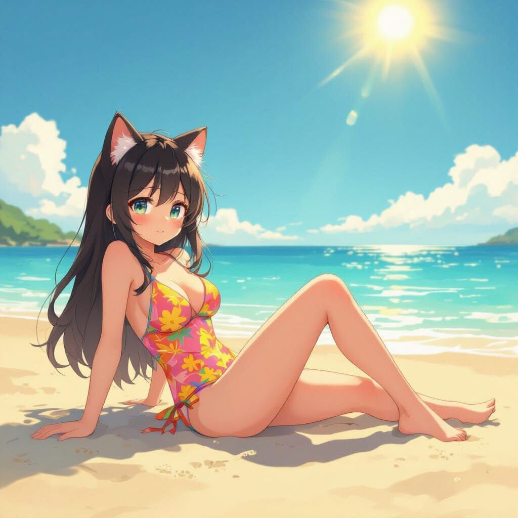 Anime Catgirl Sunbathing on Beach in Pastel Style
