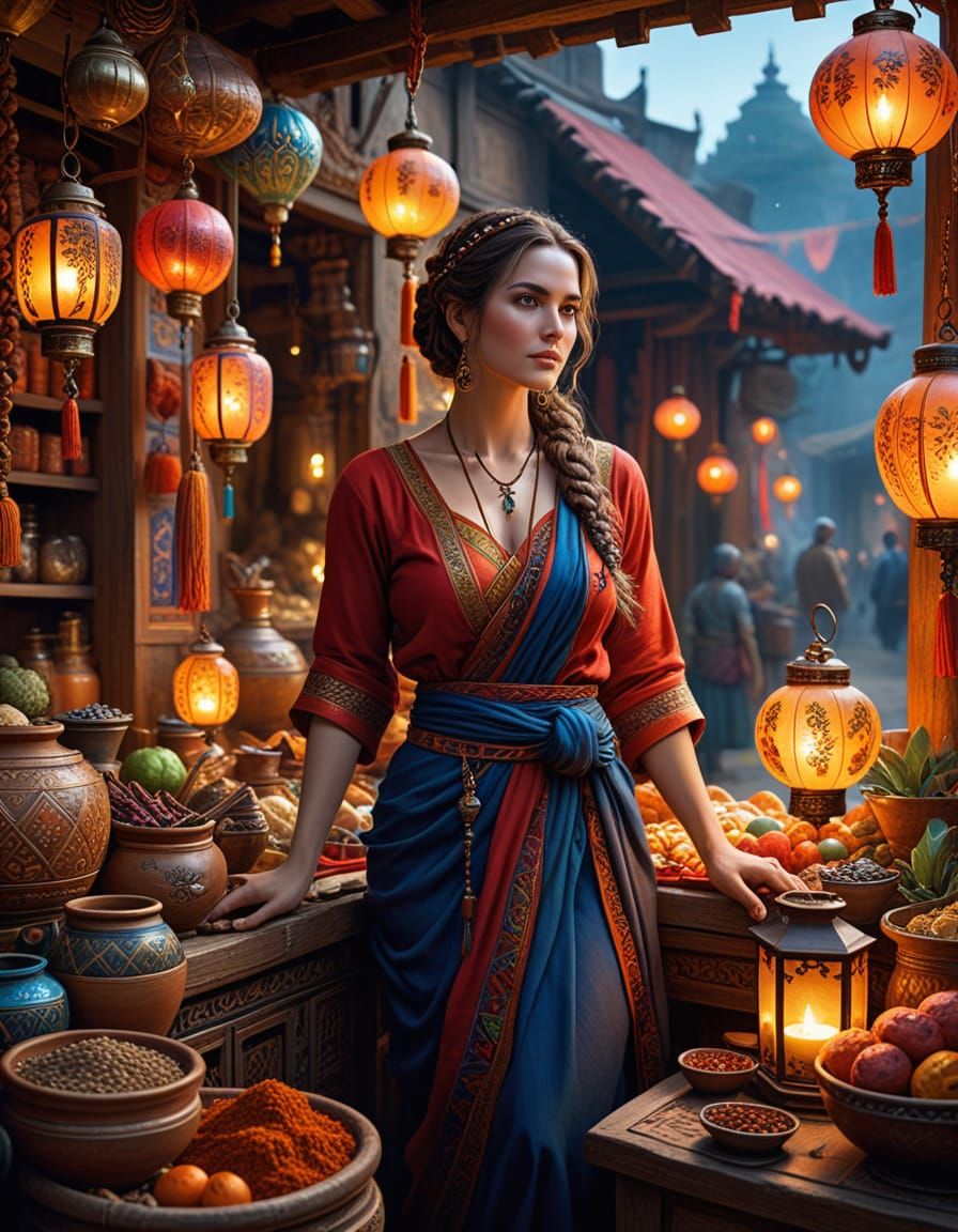 Charming Lady in Bazar Fantasy Scene