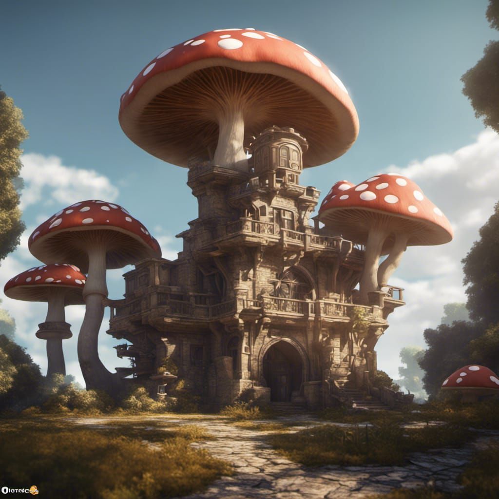 Fantastic Mushroom Palace in 3D Rendering