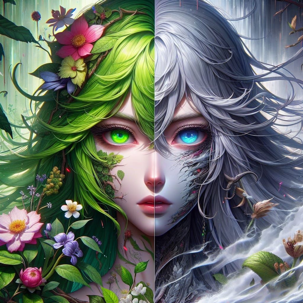 Anime Girl with Dichromatic Floral Asymmetry