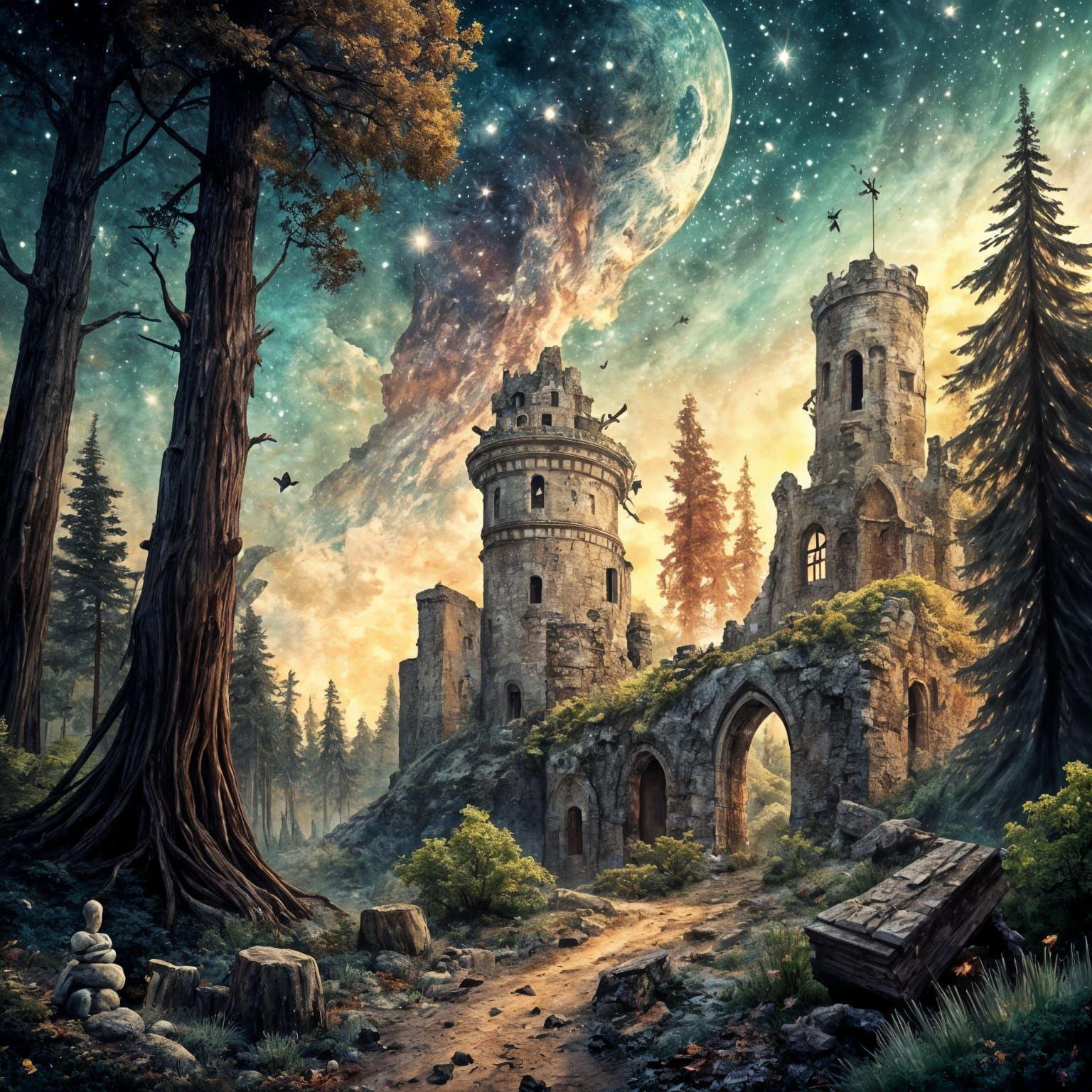 Surreal Impasto Painting of Ancient Castle Ruins in Cosmic F...