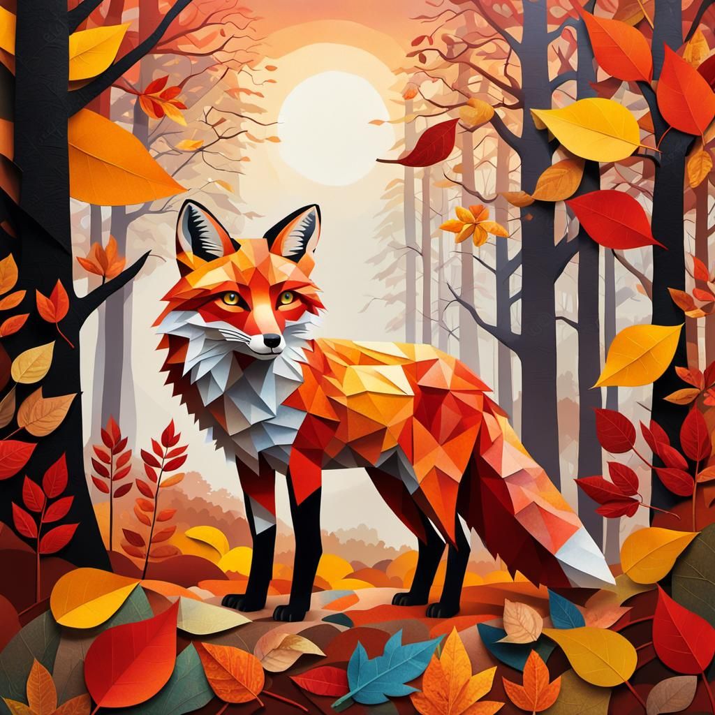 Autumn Fox in Paper Collage Style