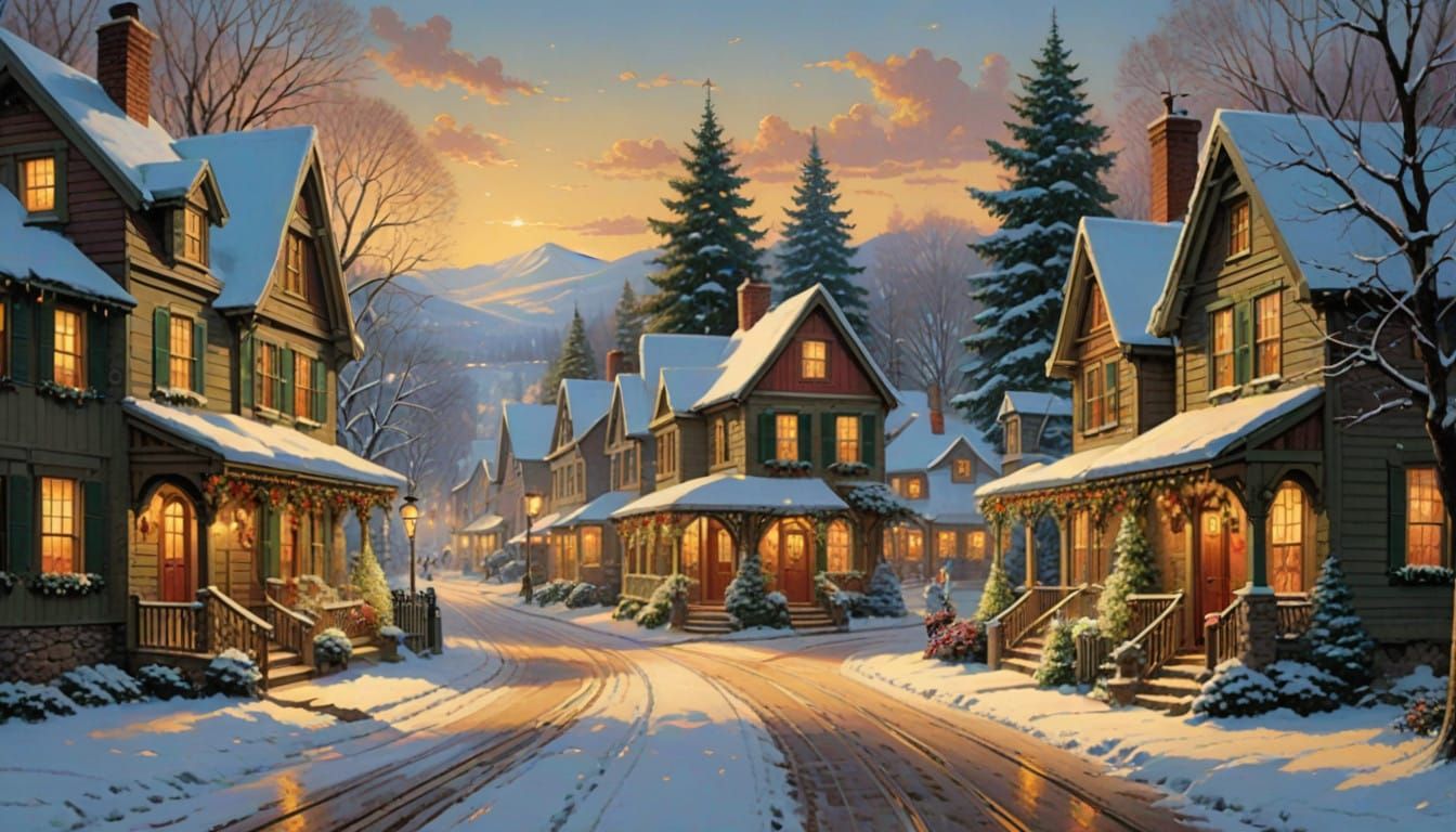 Christmas Eve Village Scene in a Whimsical Winter Wonderland