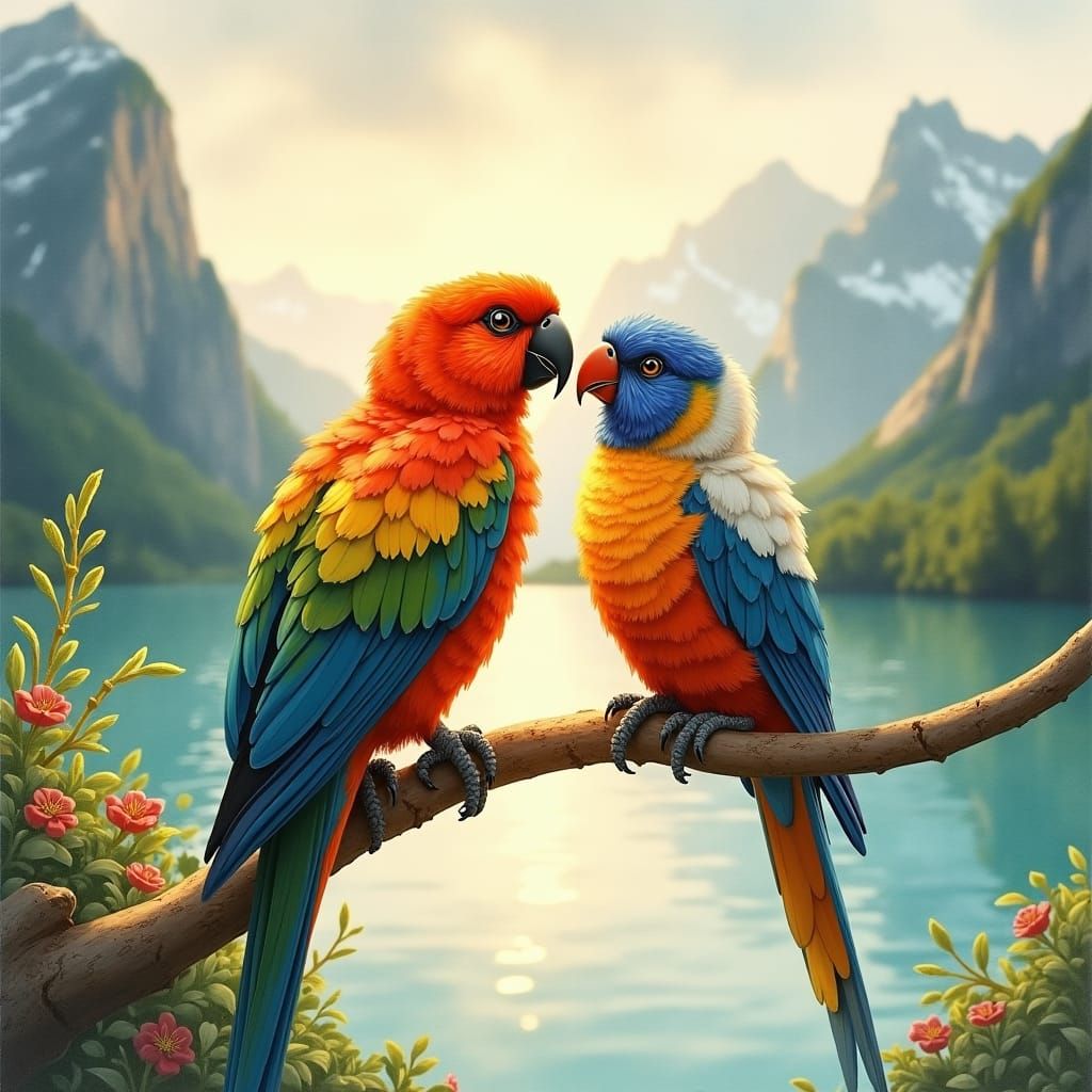 Romantic Birds in Dreamy Lakeside Scene