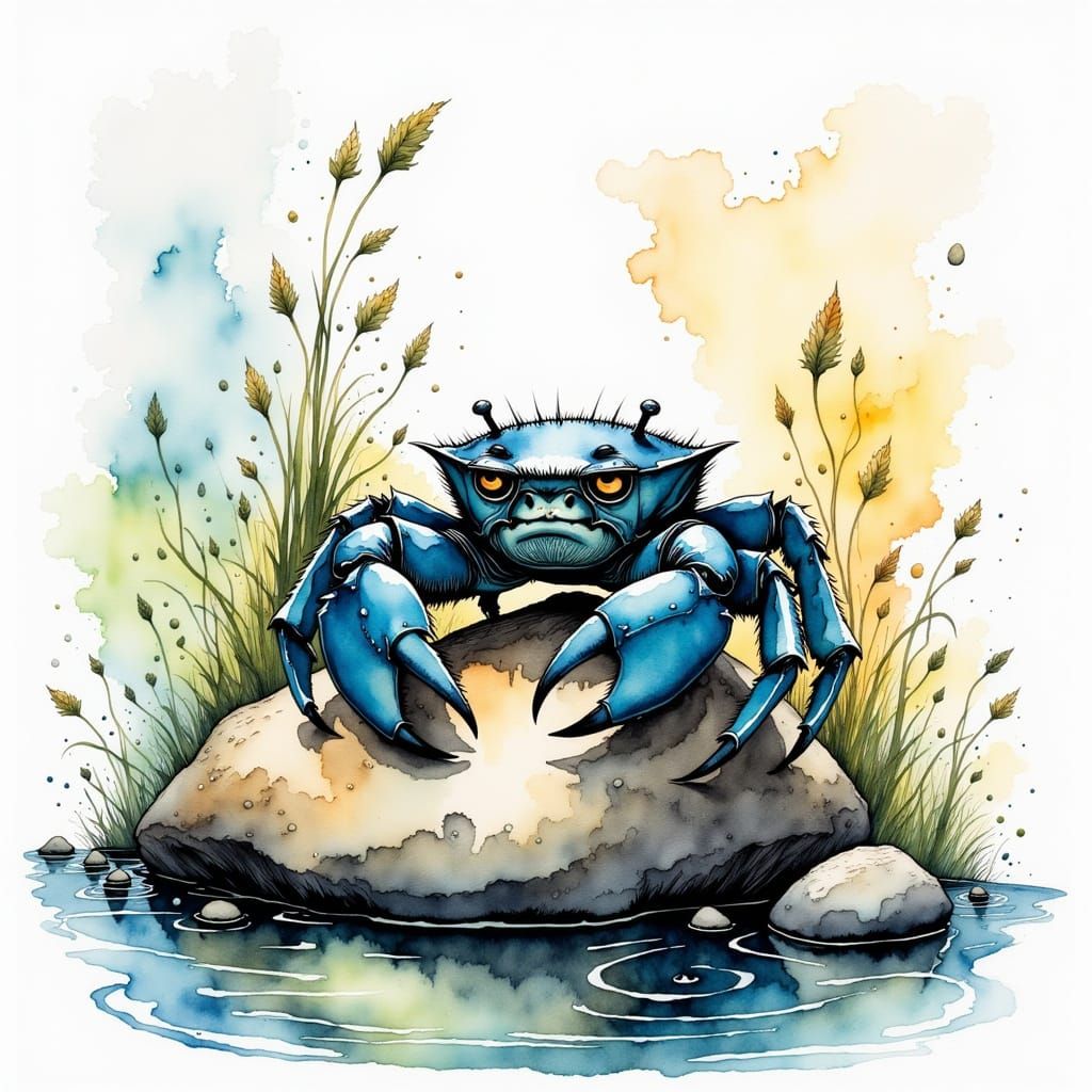 Soft-Shelled Crab Sits in Despair, Watercolor and Ink Master...