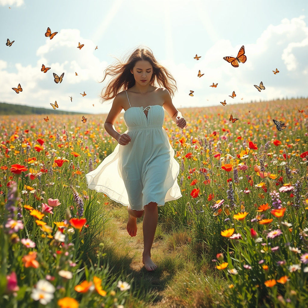 Woman in Wildflower Meadow, in Romantic Style