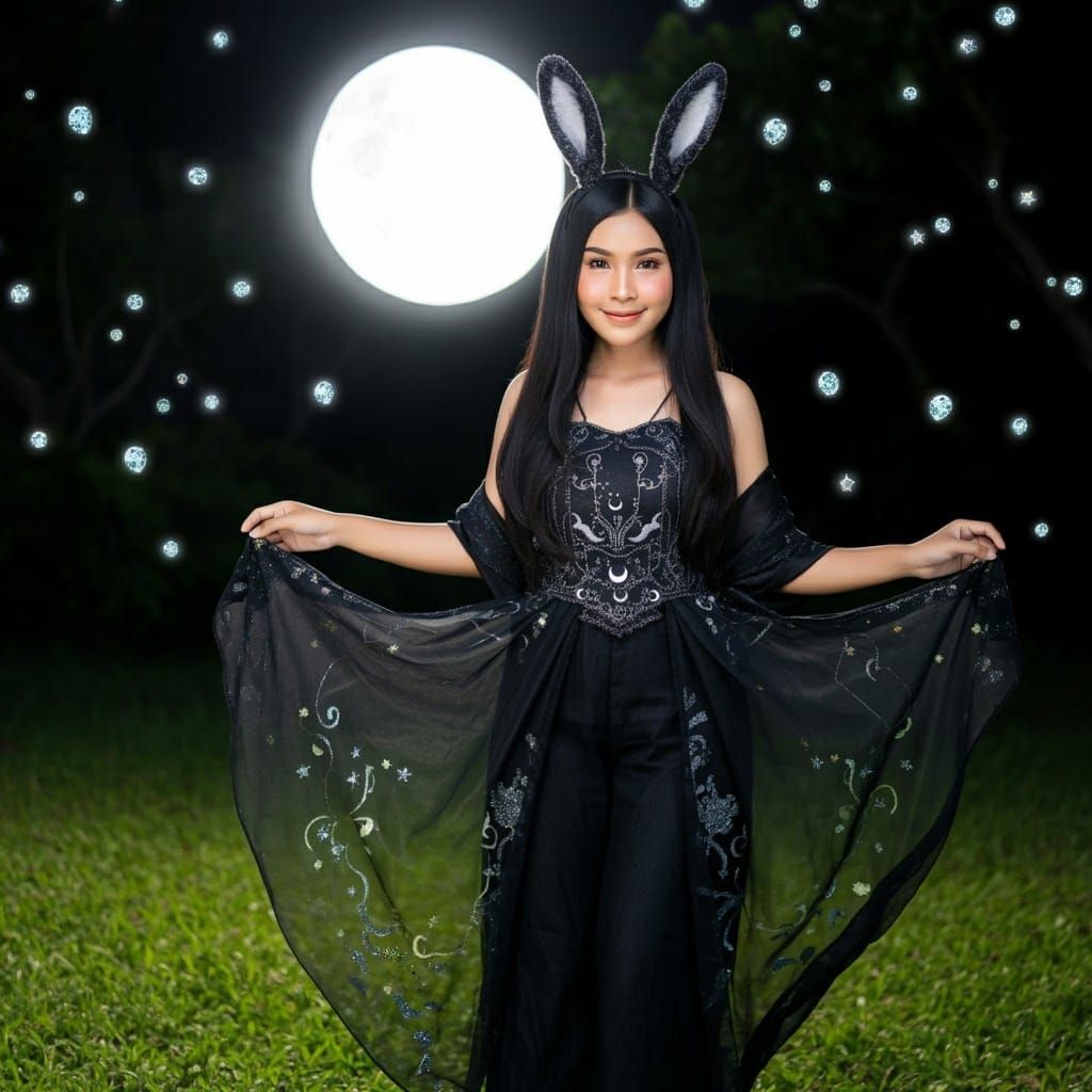 Thai Woman in Harengon Costume Under Moonlit Sky