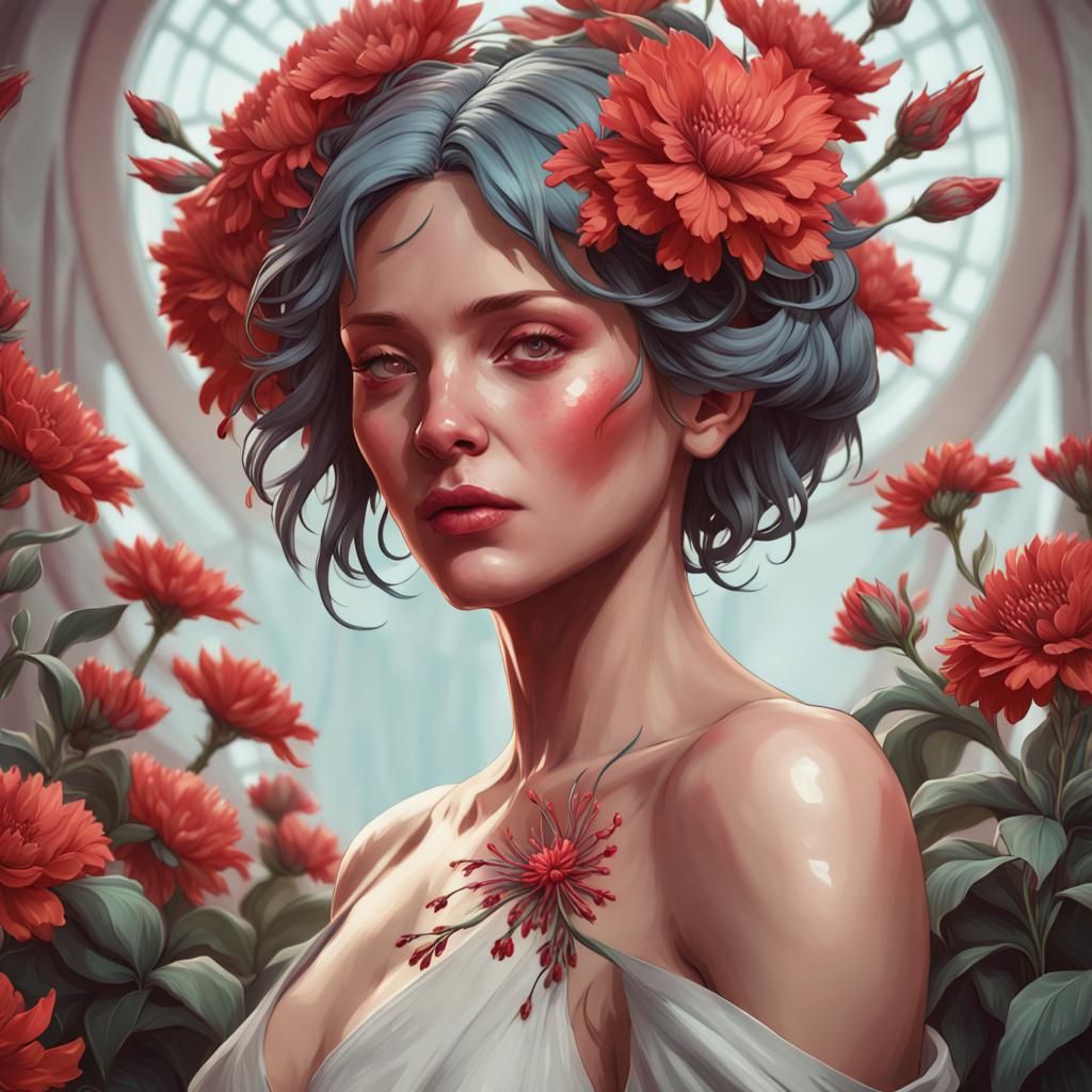 Woman with Red Flowers: Hyperdetailed Portrait