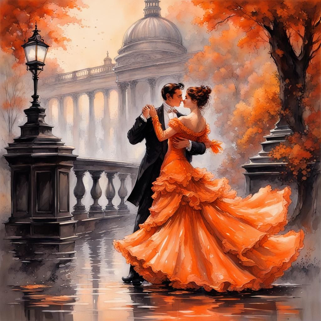 Victorian Couple Dancing in Ink Splash Art