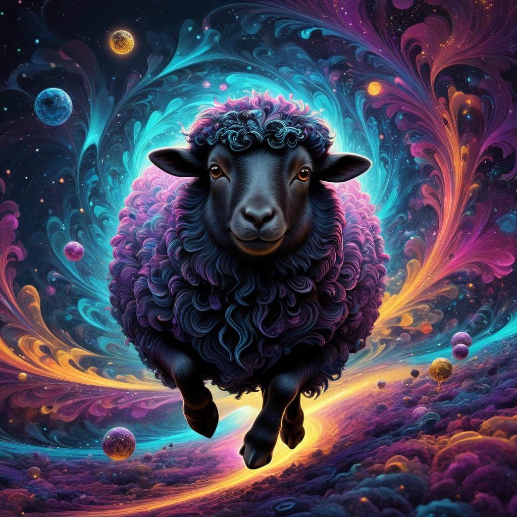 Surreal Fractal Art of a Leaping Black Sheep in a Whirling U...