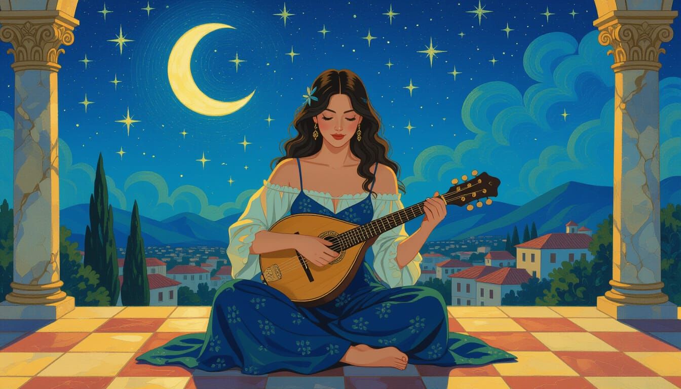 Fairyland Woman Plays Mandolin Under Starry Night Sky