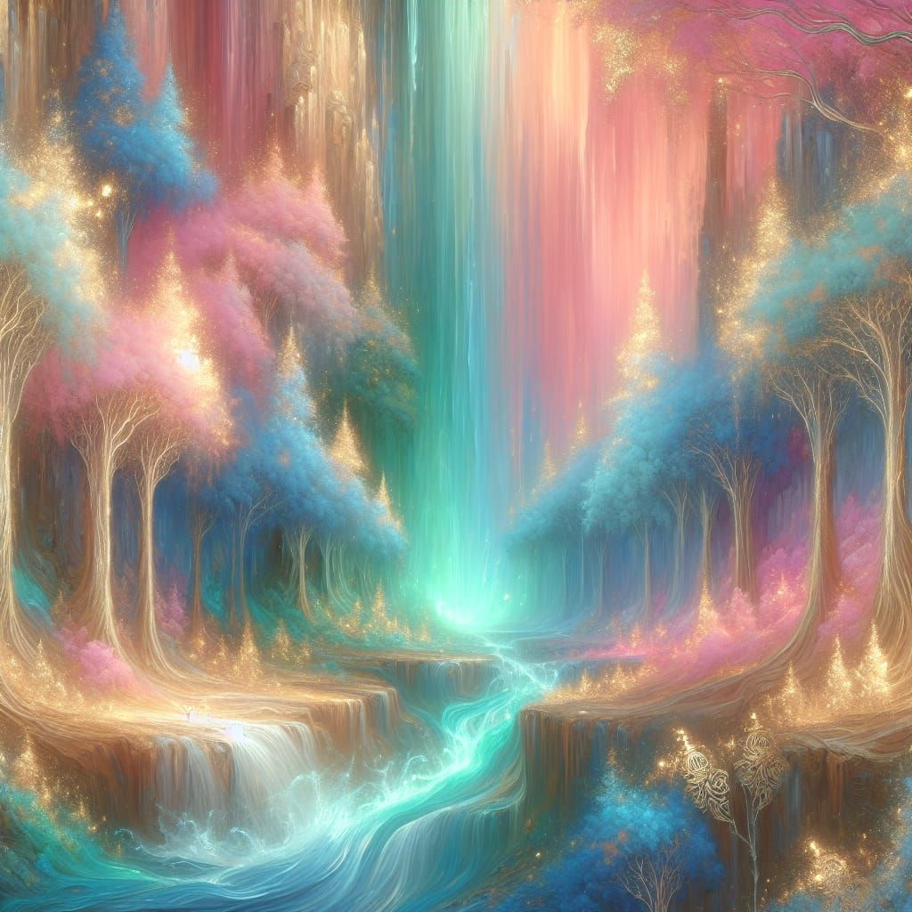 Ethereal Forest Waterfall in Pastel Hues