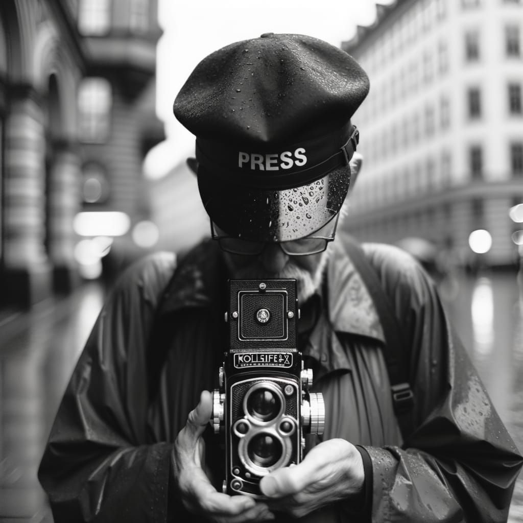 Stockholm Press Photographer with Rolleiflex in Rain