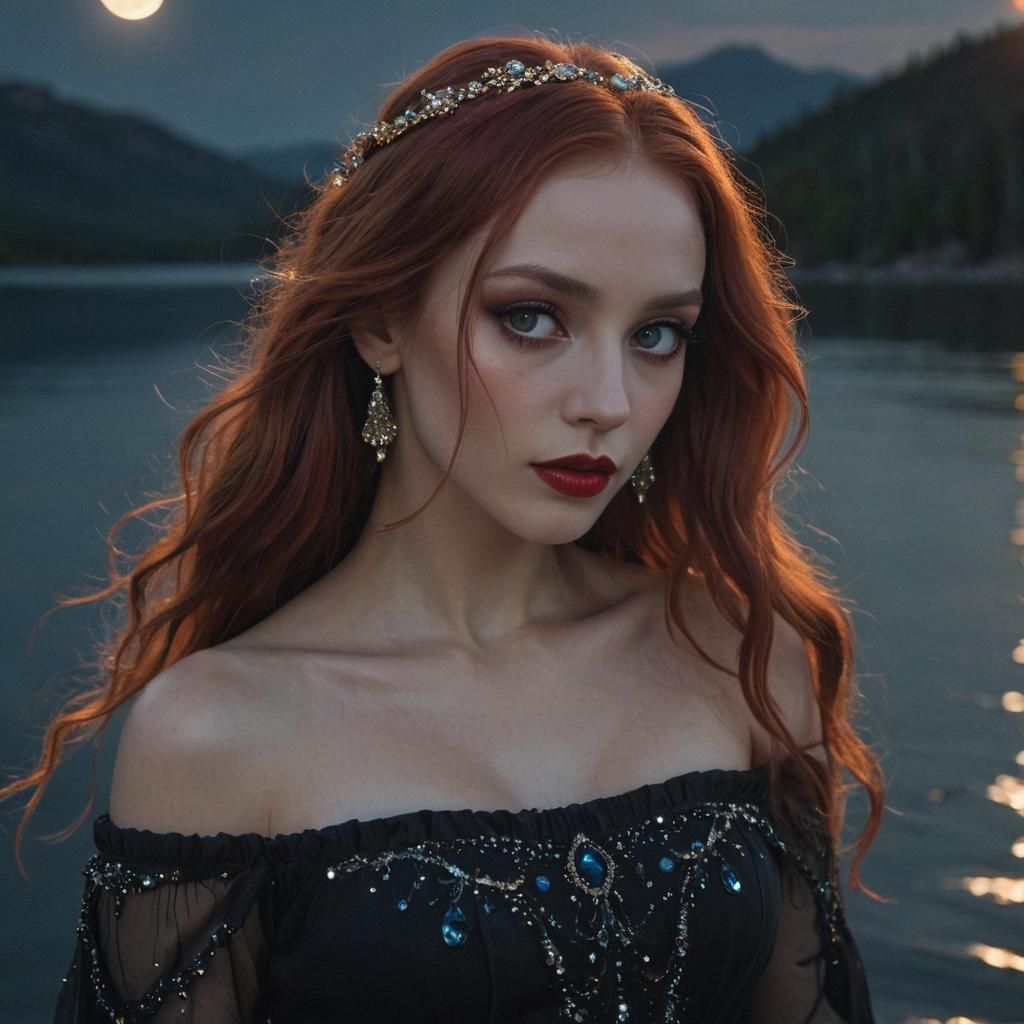 Red-Haired Goddess Portrait Near Moonlit Lake