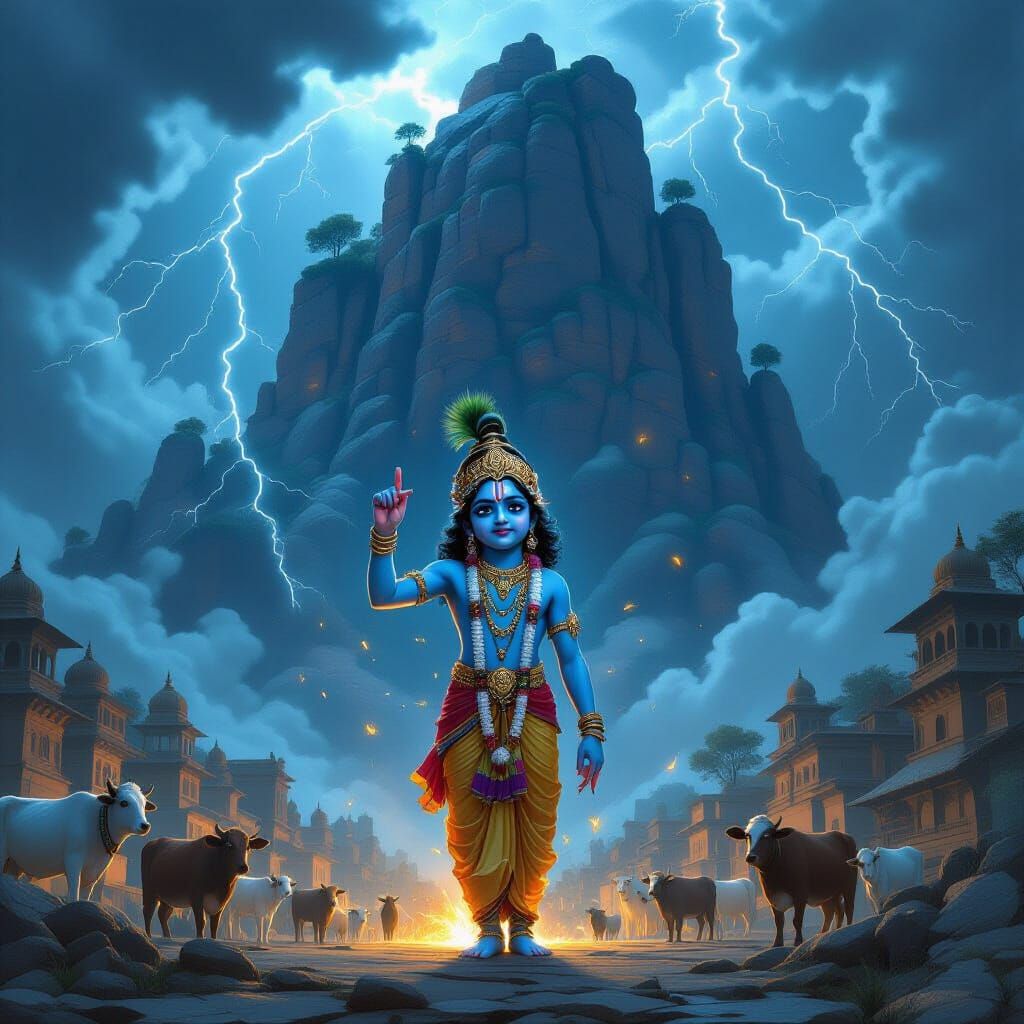 Lord Krishna Lifts Govardhan Hill in Detailed Digital Art
