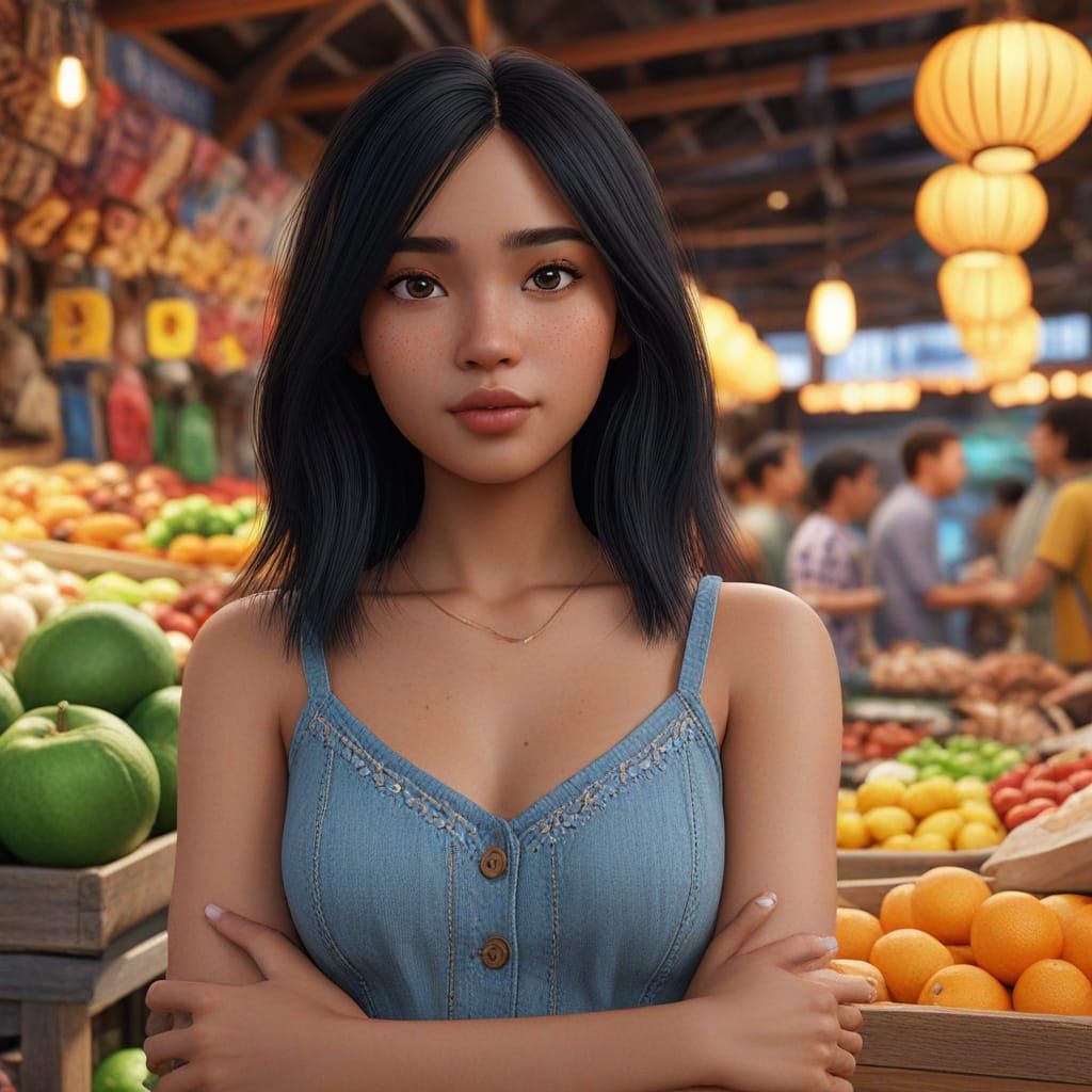 Pixar Style Filipina Woman in Vibrant Marketplace