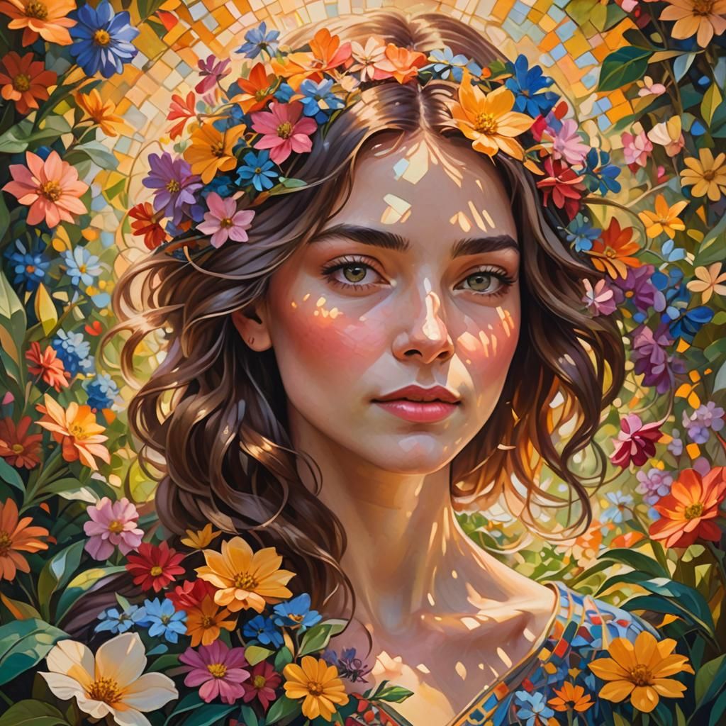 Impressionist Woman Portrait in Lush Flower Garden