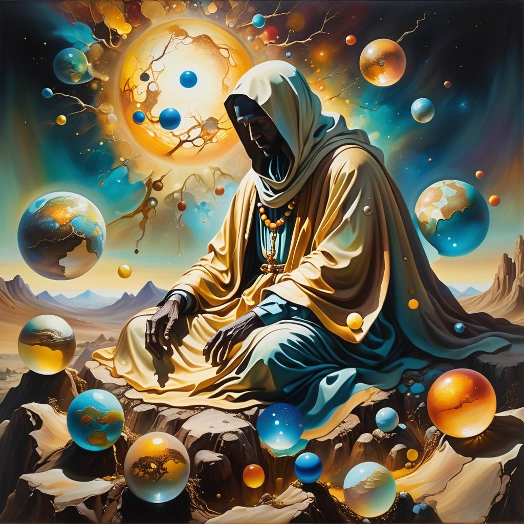 Surreal Seated Figure Emerges From Earth With Orbs