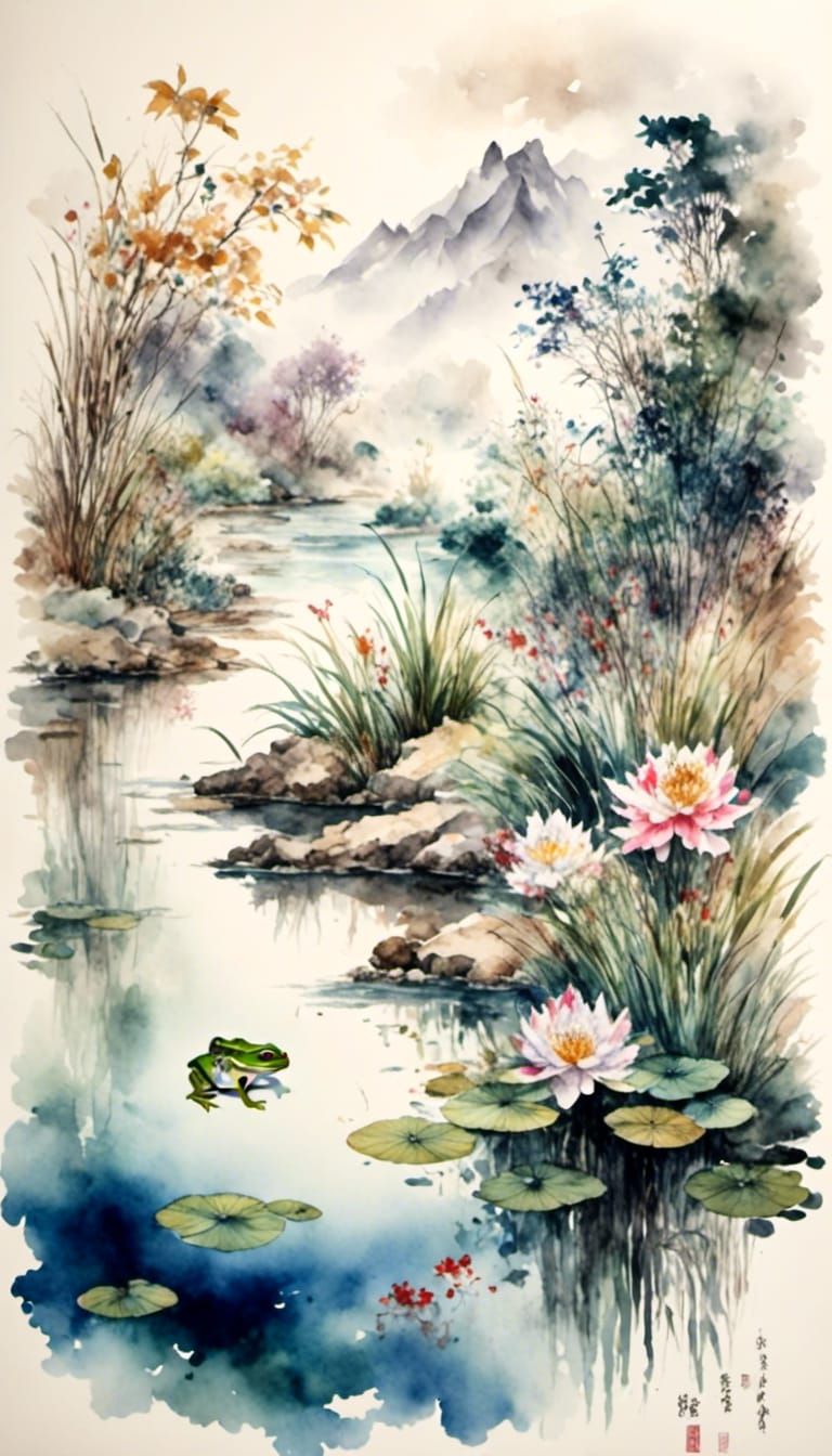 Frog Leaps into Pond: Japanese Scroll Art