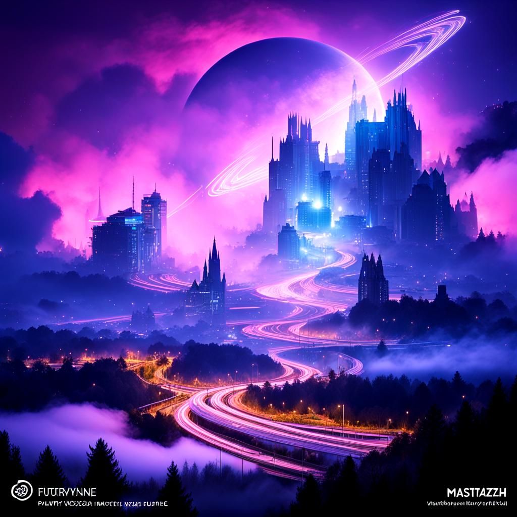 Futuristic City in Clouds with Golden Planet