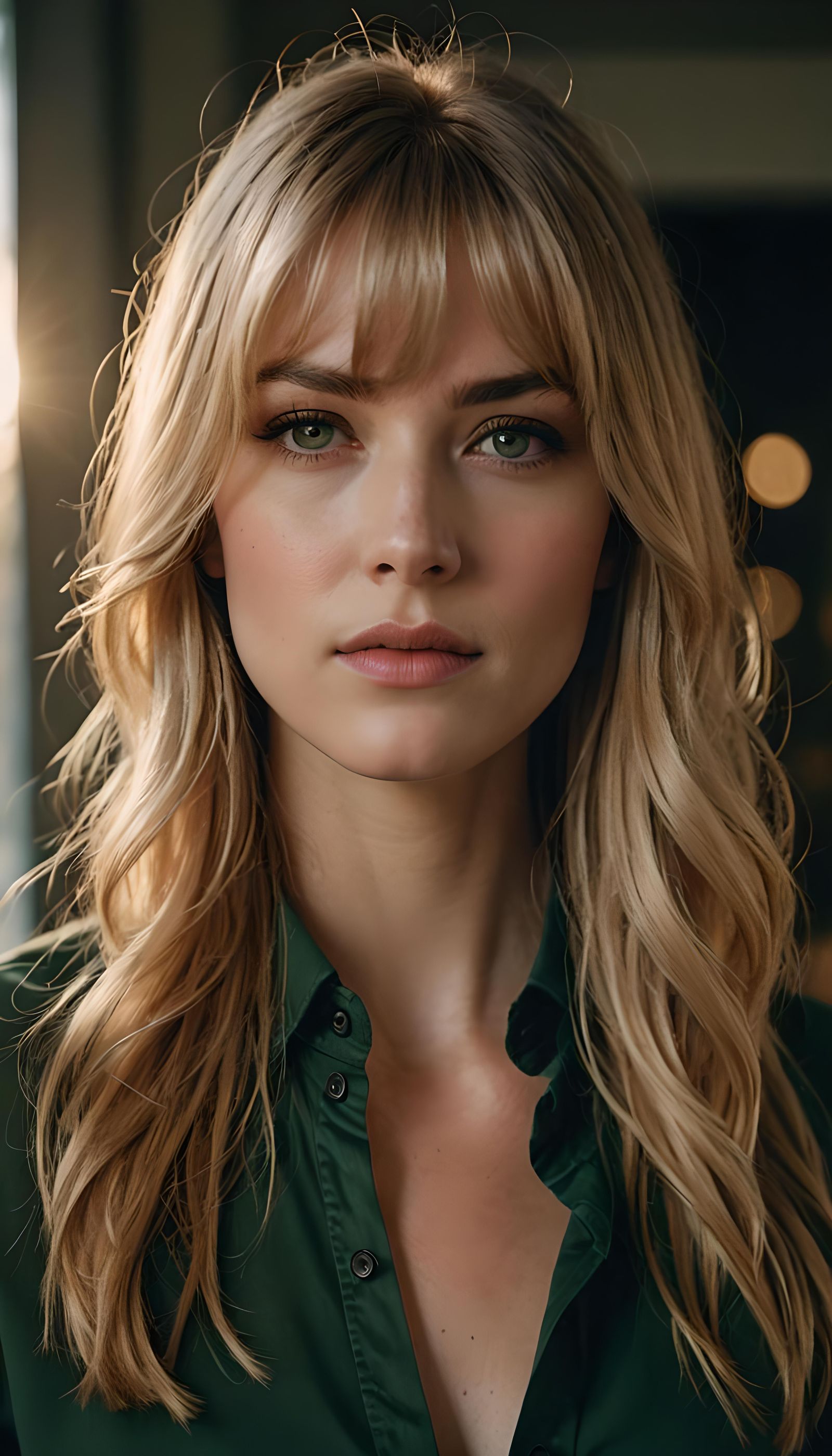 Photorealistic Blonde Woman with Green Eyes in Soft Light