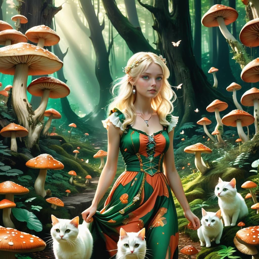 Blonde Woman and Cat in a Fairy Forest